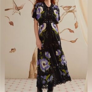 Farm rio Black Floral Lace-Trim Sheer Maxi Dress with Purple Blooms